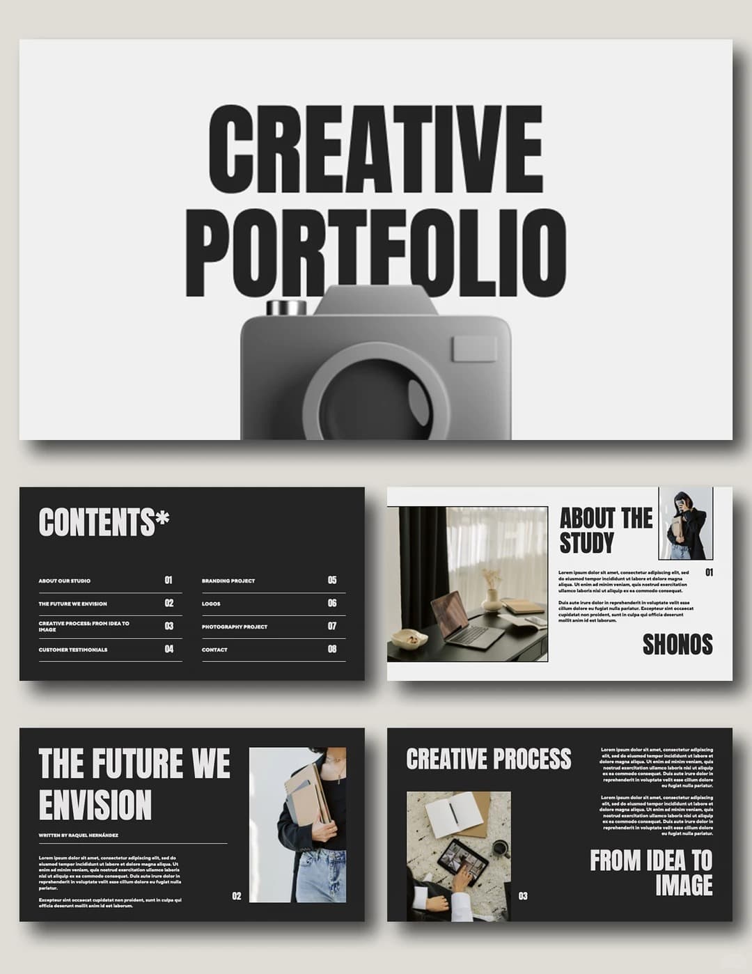 Minimal Monochrome Portfolio PowerPoint template preview