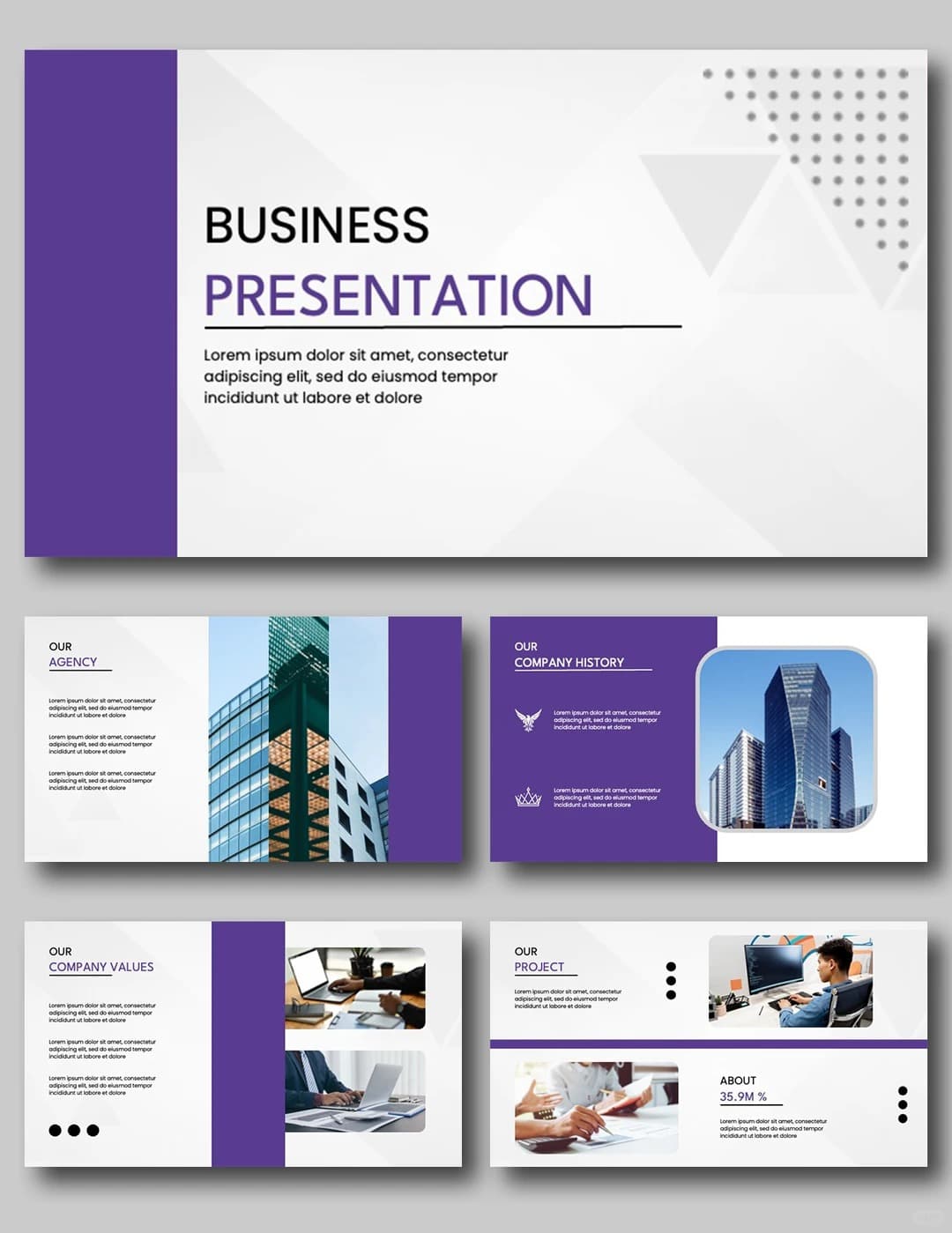 Geometric Purple Business PowerPoint template preview