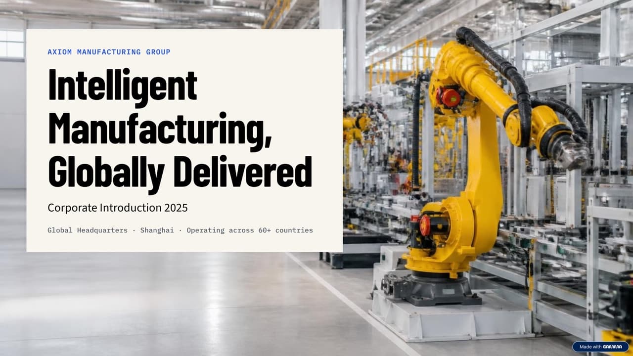 Gamma — generated factory image with a text block; the tagline became the headline and the company name moved to a small label